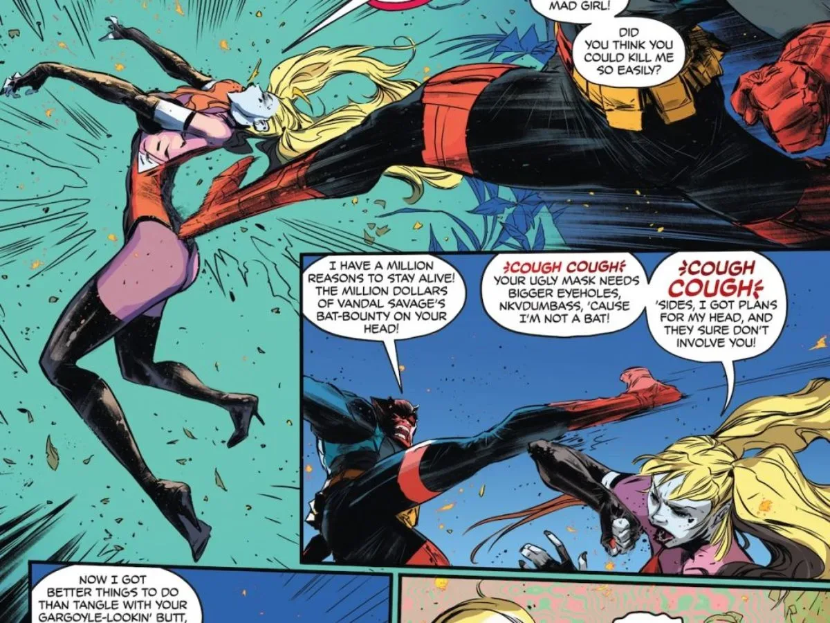 Harley Quinn navigating a city-sized prehistoric jungle to reach Poison Ivy