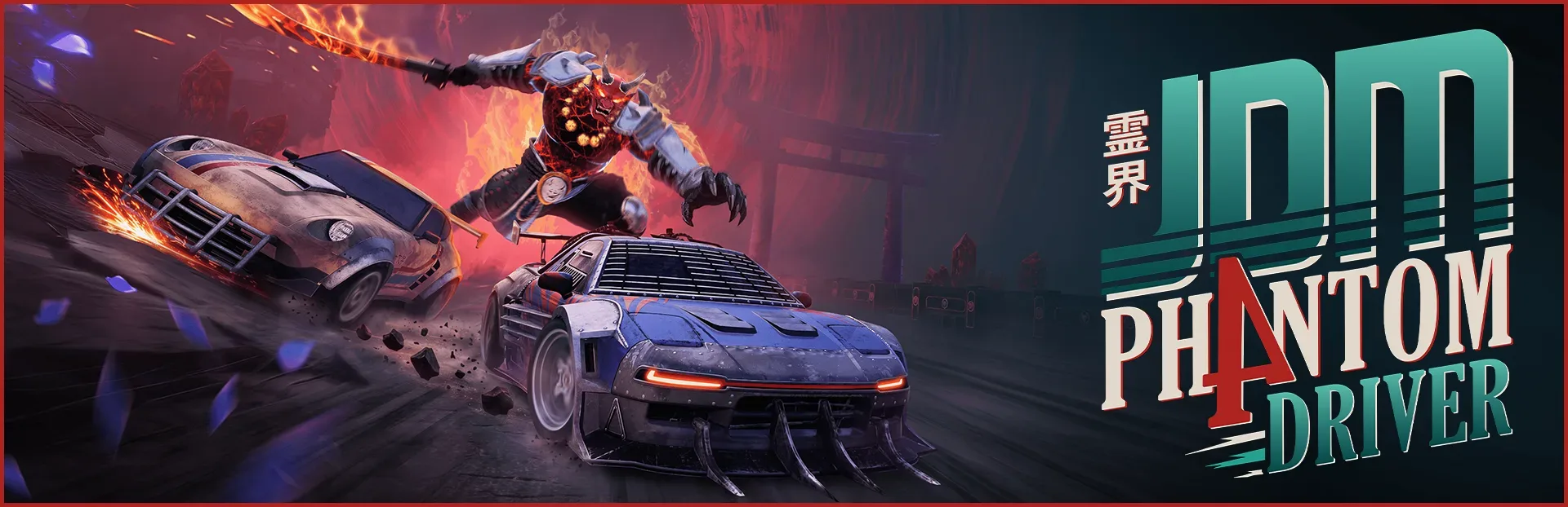 Modified JDM car drifting through the demon-corrupted streets of fictional Guntama