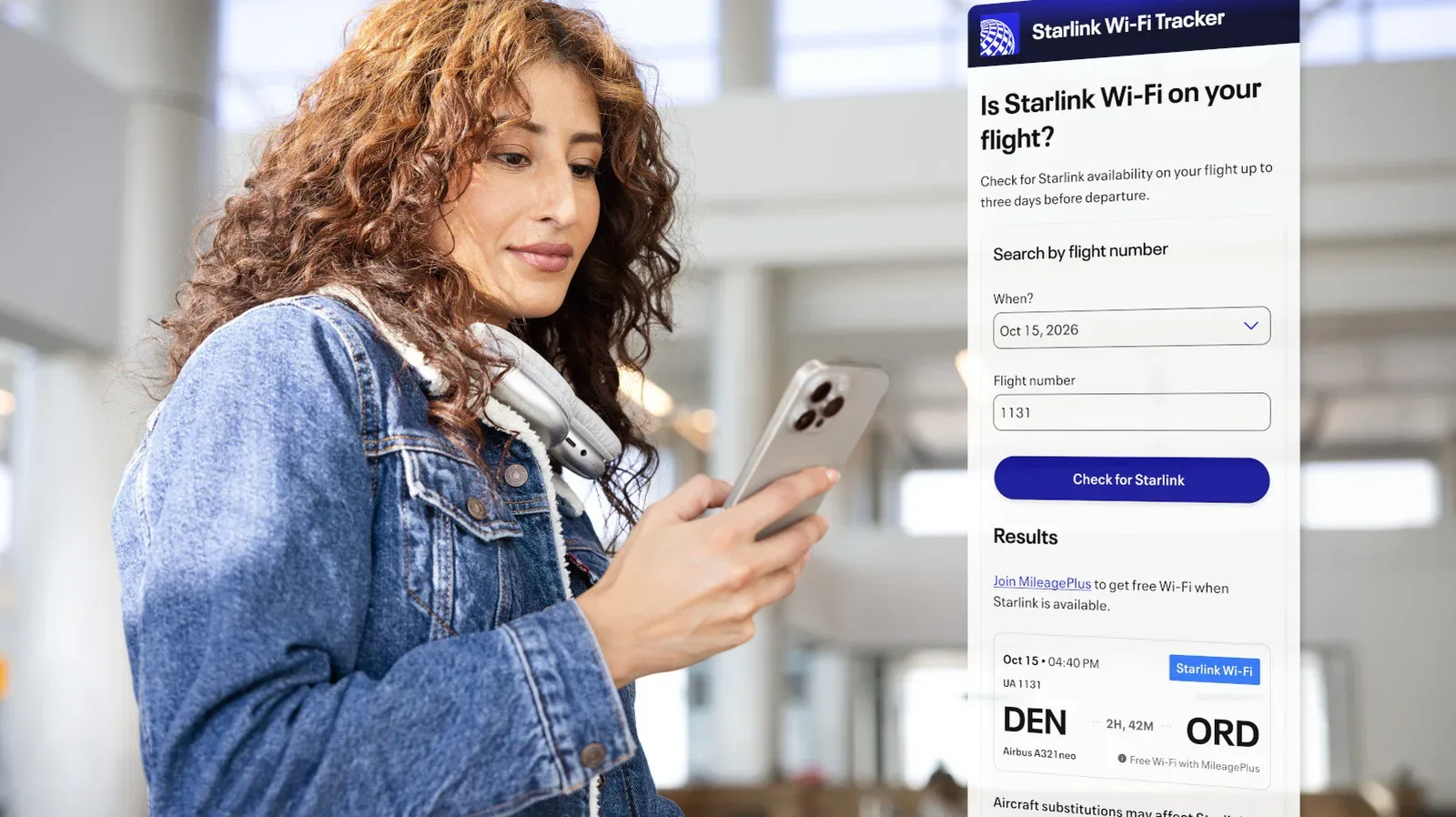 United aircraft with Starlink Wi-Fi availability highlighted in a flight tracker