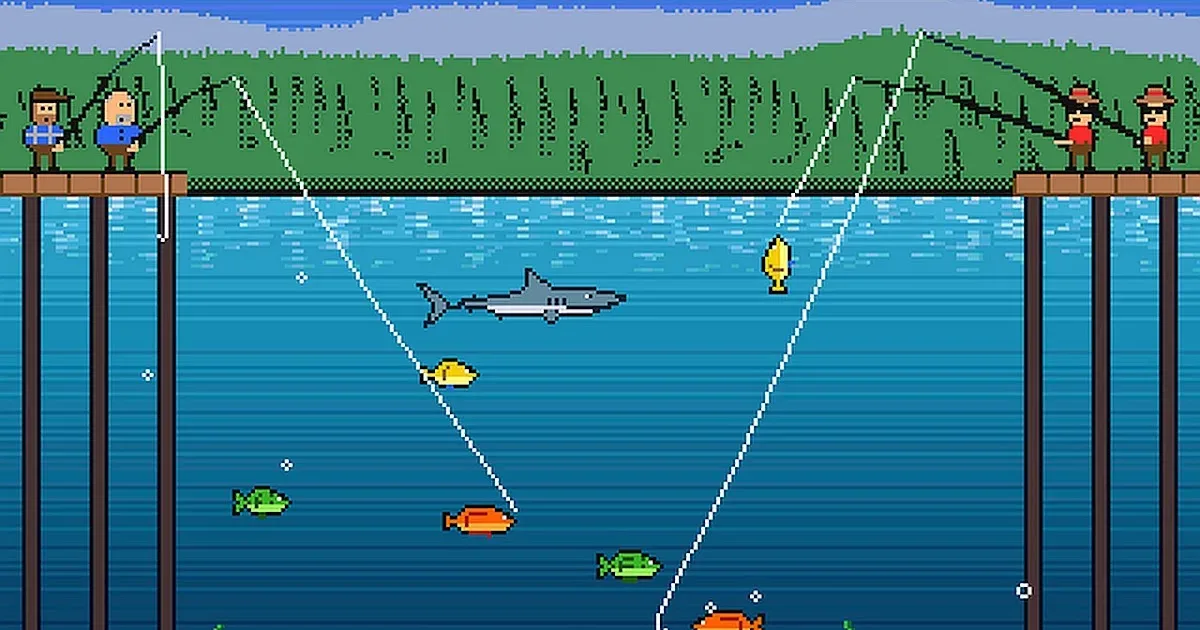 Commodore Amiga remake of Fishing Derby showing rippling water, clouds and anglers reeling in fish