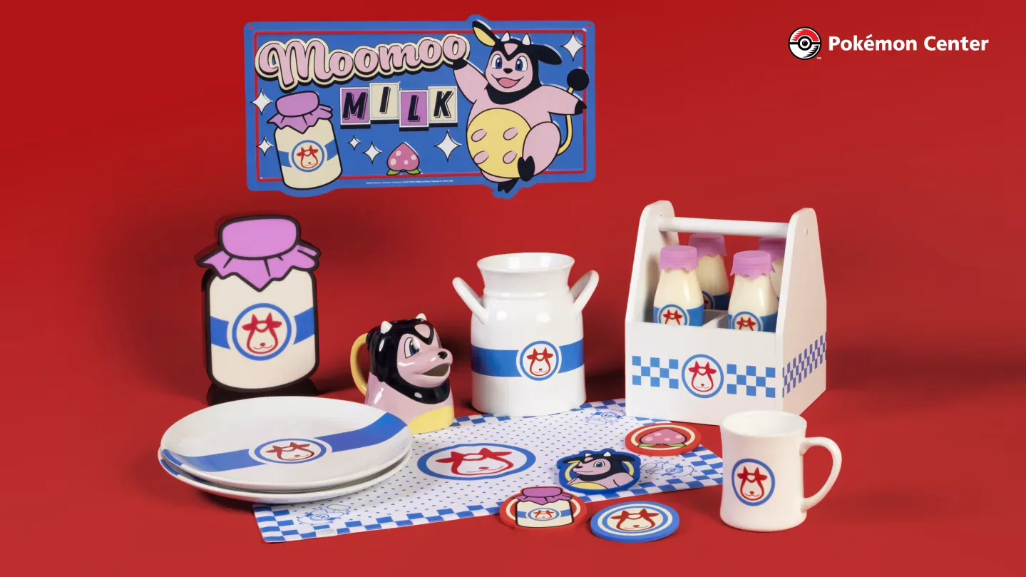 Moomoo Milk kitchenware collection featuring Miltank branding