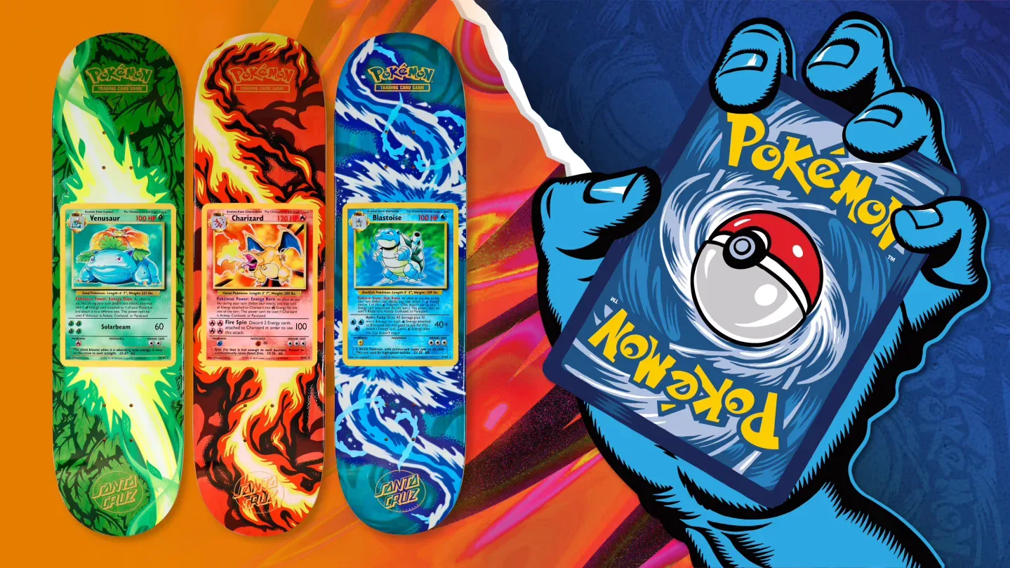 Pokémon TCG and Santa Cruz Skateboards blind-bag deck collection featuring card-art designs