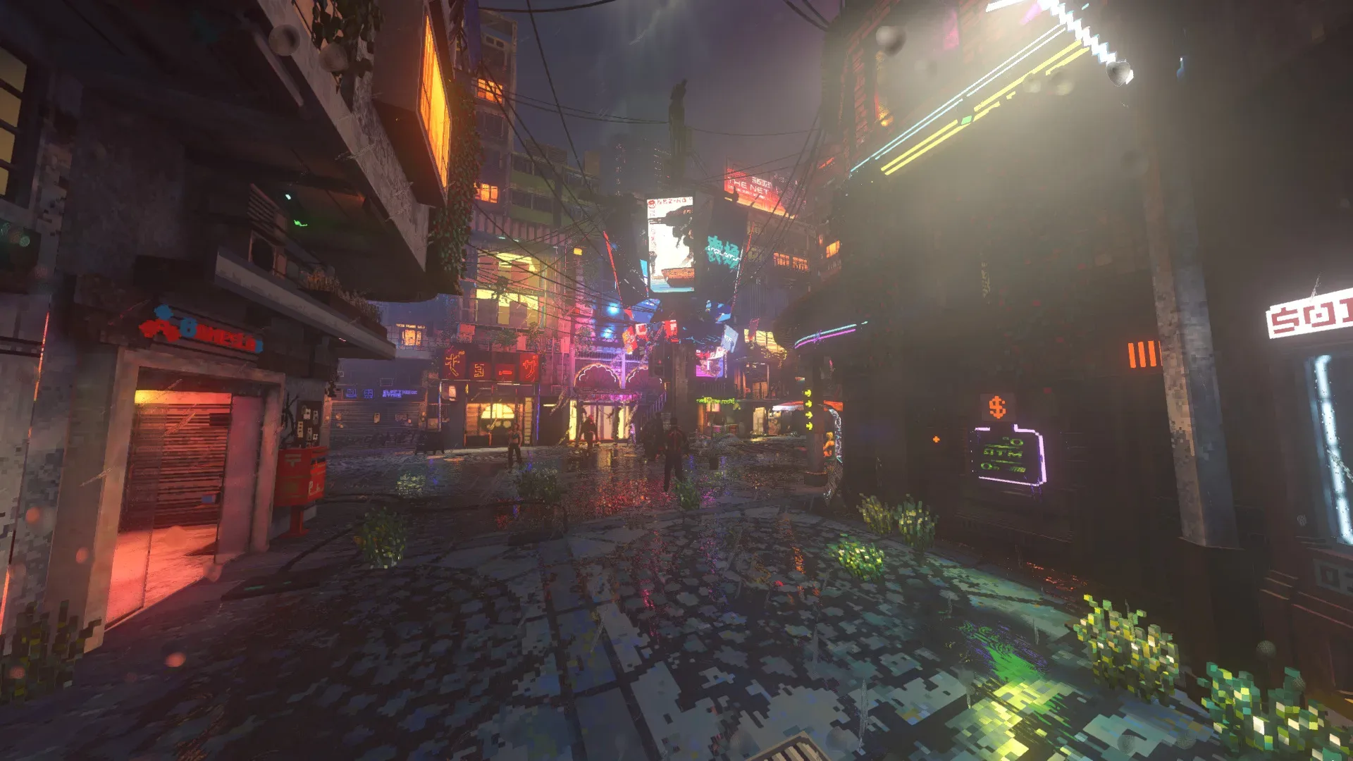 Rainy neon skyline of the voxel-built city of Nivalis viewed from a high-rise apartment