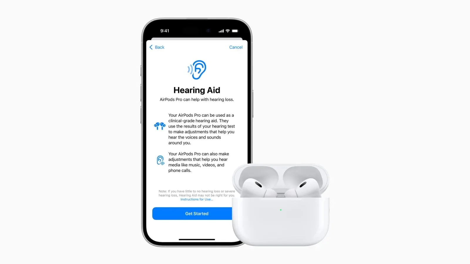 AirPods Pro beside an iPhone showing hearing feature settings