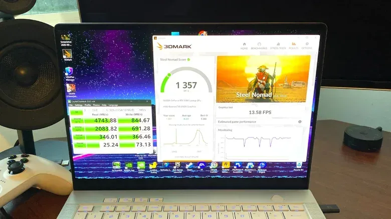 A desktop PC running a graphics benchmark with temperature and frame-rate metrics