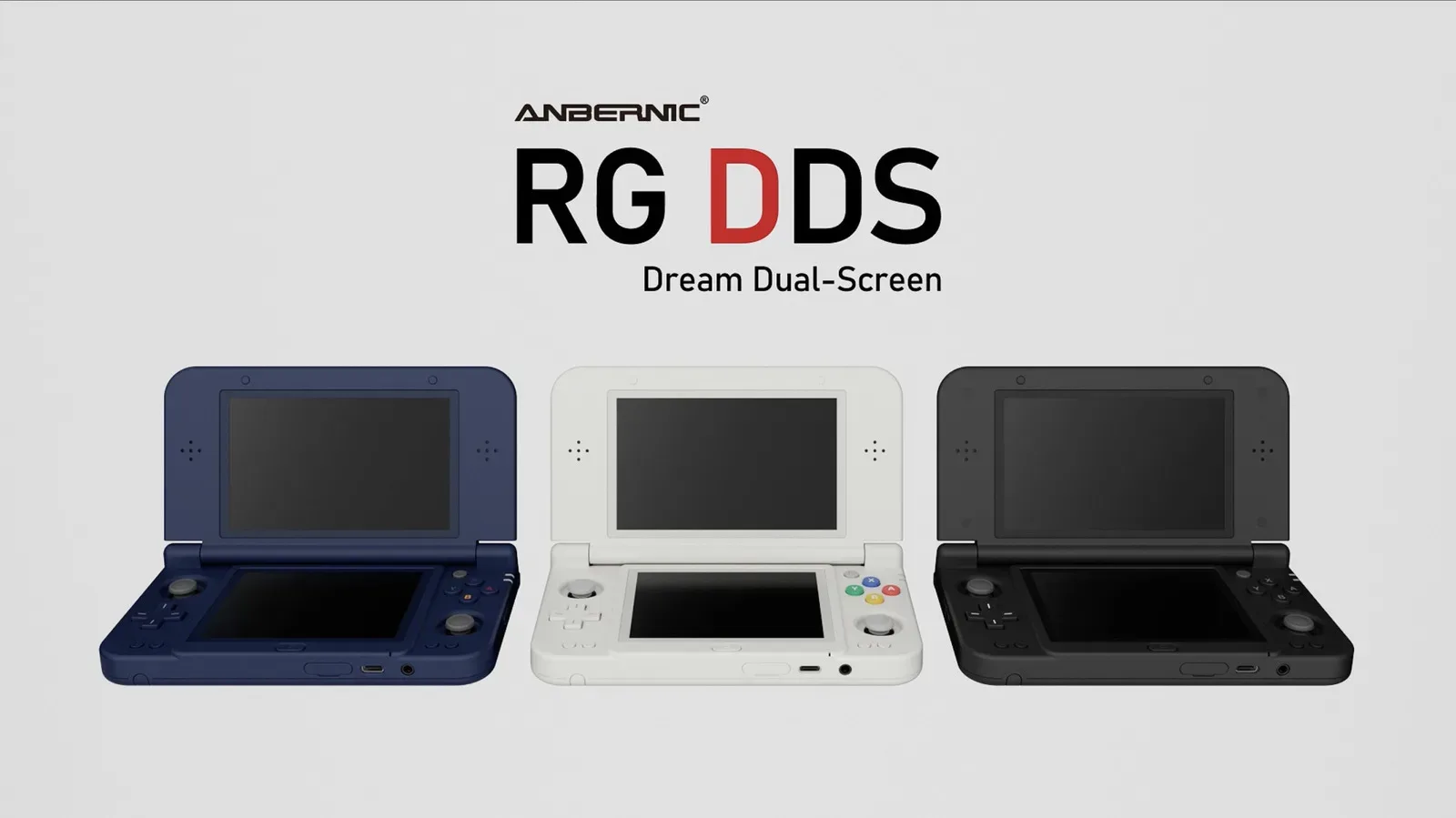 Anbernic RG DDS clamshell handheld showing its 5:3 upper display and 4:3 lower display