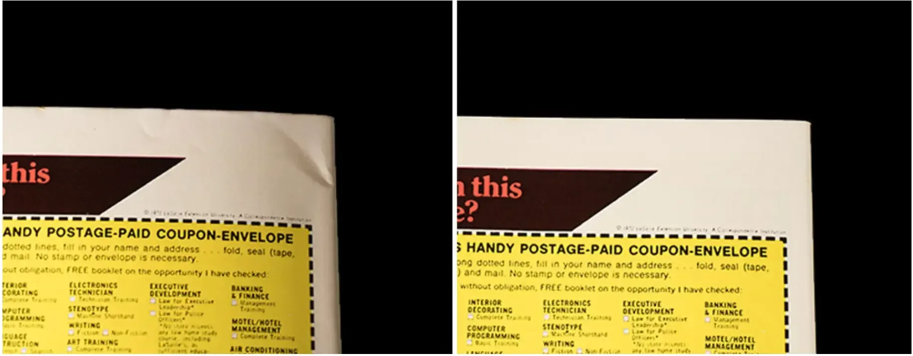 Pressed comic or magazine shown before and after wrinkle reduction