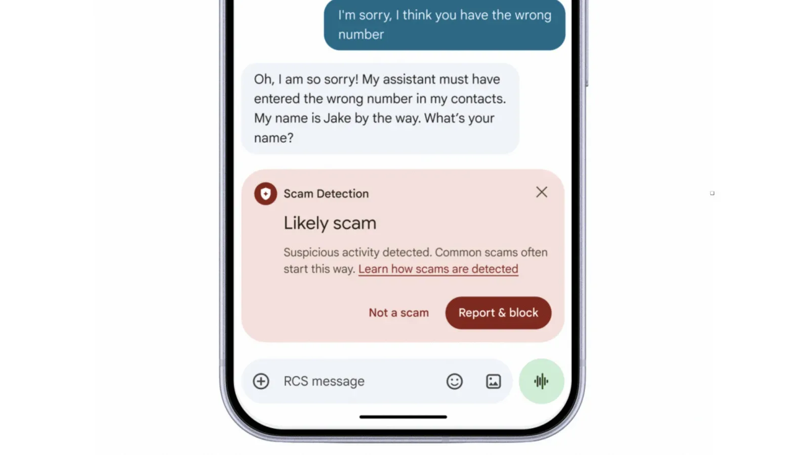 Android Messages scam warning displayed for a suspicious text conversation