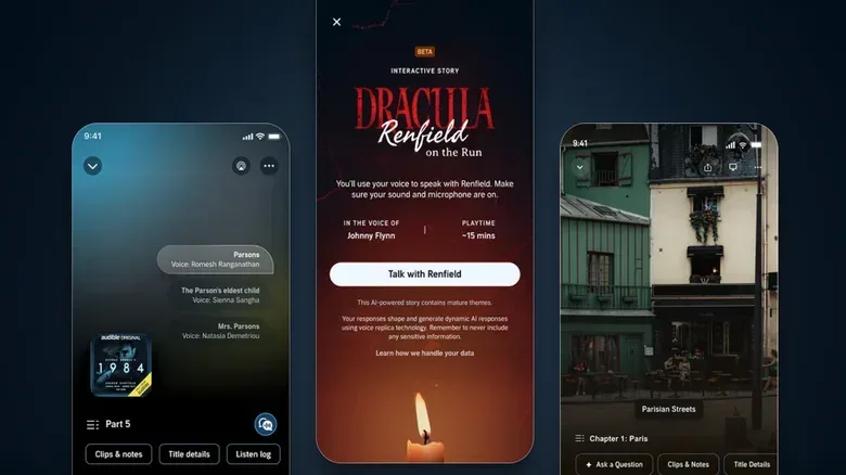 A mobile audiobook screen concept showing a speaker label and spoiler-free character card