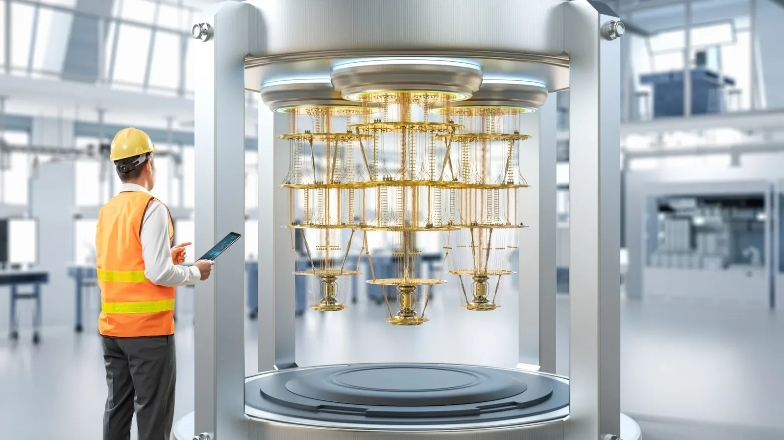 A dilution refrigerator used to cool a quantum computer processor to millikelvin temperatures