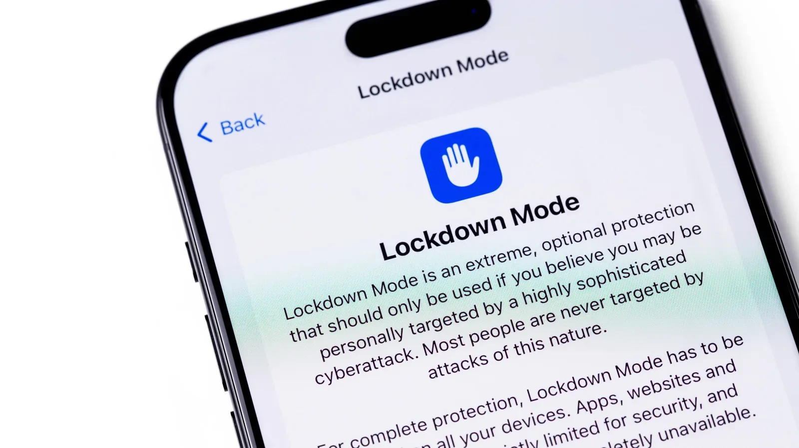 An iPhone Privacy and Security settings screen with Lockdown Mode highlighted