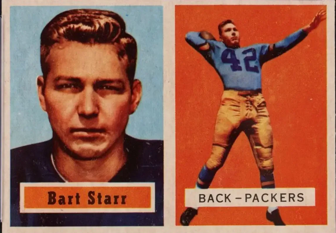Image of player's portrait on left, and in throwing motion on right of card with two distinct images, player's name and team.