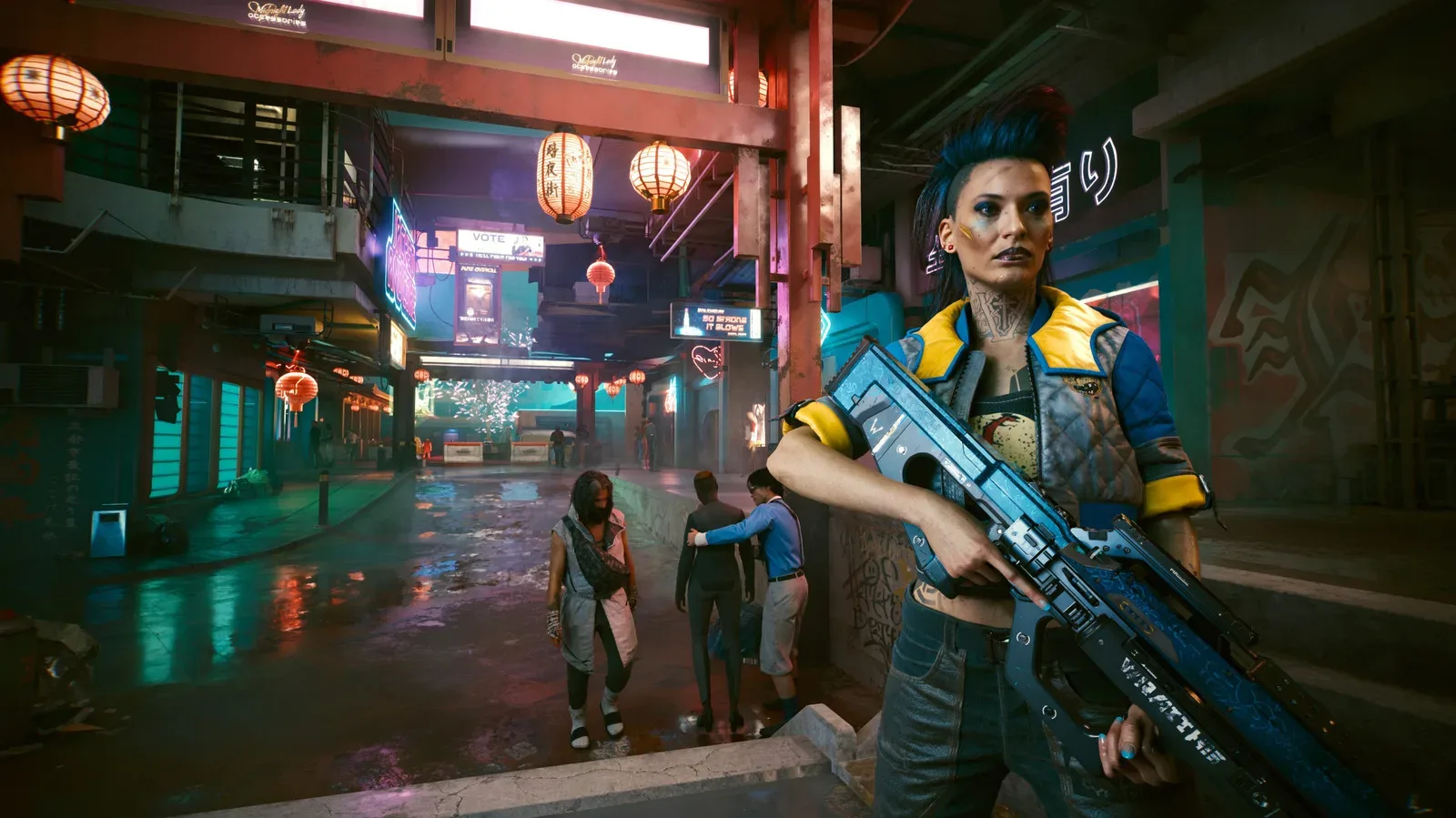 A comparison of ray-traced and path-traced lighting on a car in a neon-lit game scene