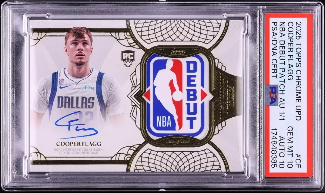 Cooper Flagg 2025 Topps Chrome Update Rookie Debut Patch autograph card graded PSA GEM MT 10 with a 10 autograph grade