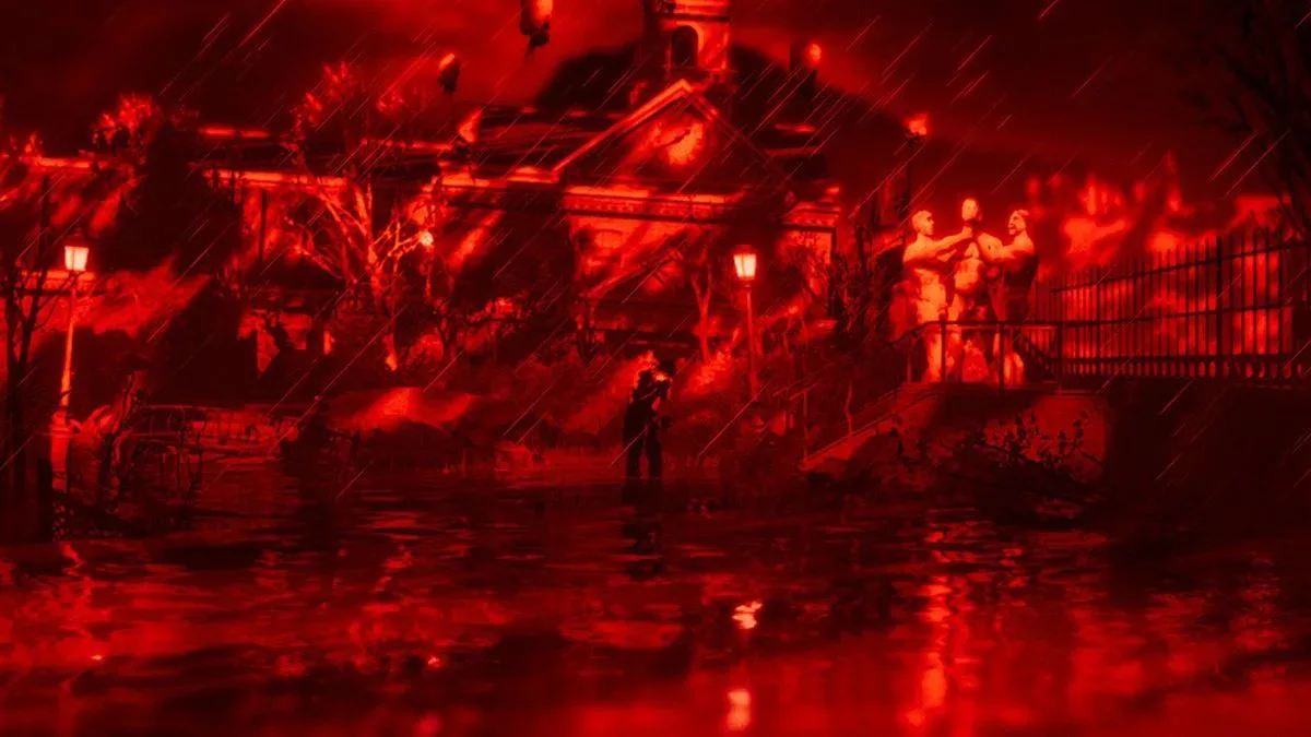 A figure stands within stark red light in Silver Pines' exterior