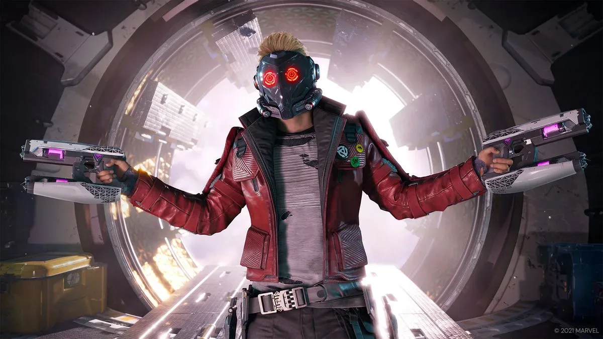 Star Lord holding two sci-fi pistols and walking onto a space ship during one of the best superhero games, Marvel's Guardians of the Galaxy