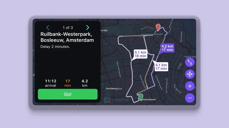 The Magic Earth app on CarPlay, showing route suggestions.