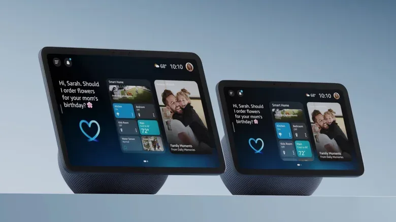 Two Amazon Echo Show 11 tablets show Alexa+ responding, "Hi Sarah. Should I order flowers for your mom's birthday?"