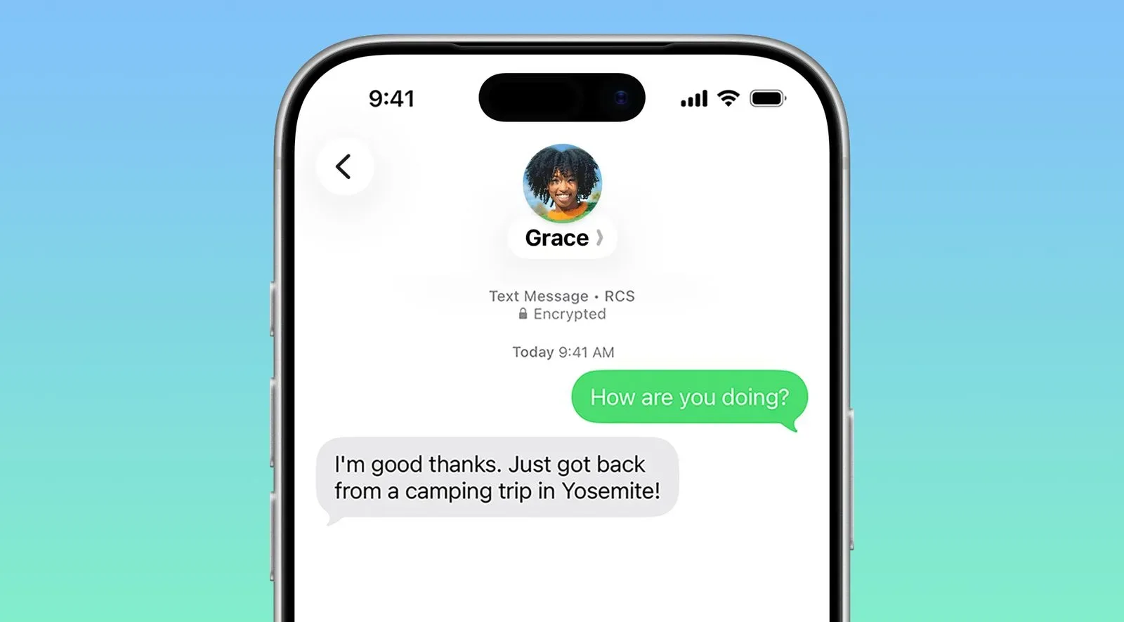 An iPhone Messages conversation illustrating RCS features such as typing indicators and inline replies