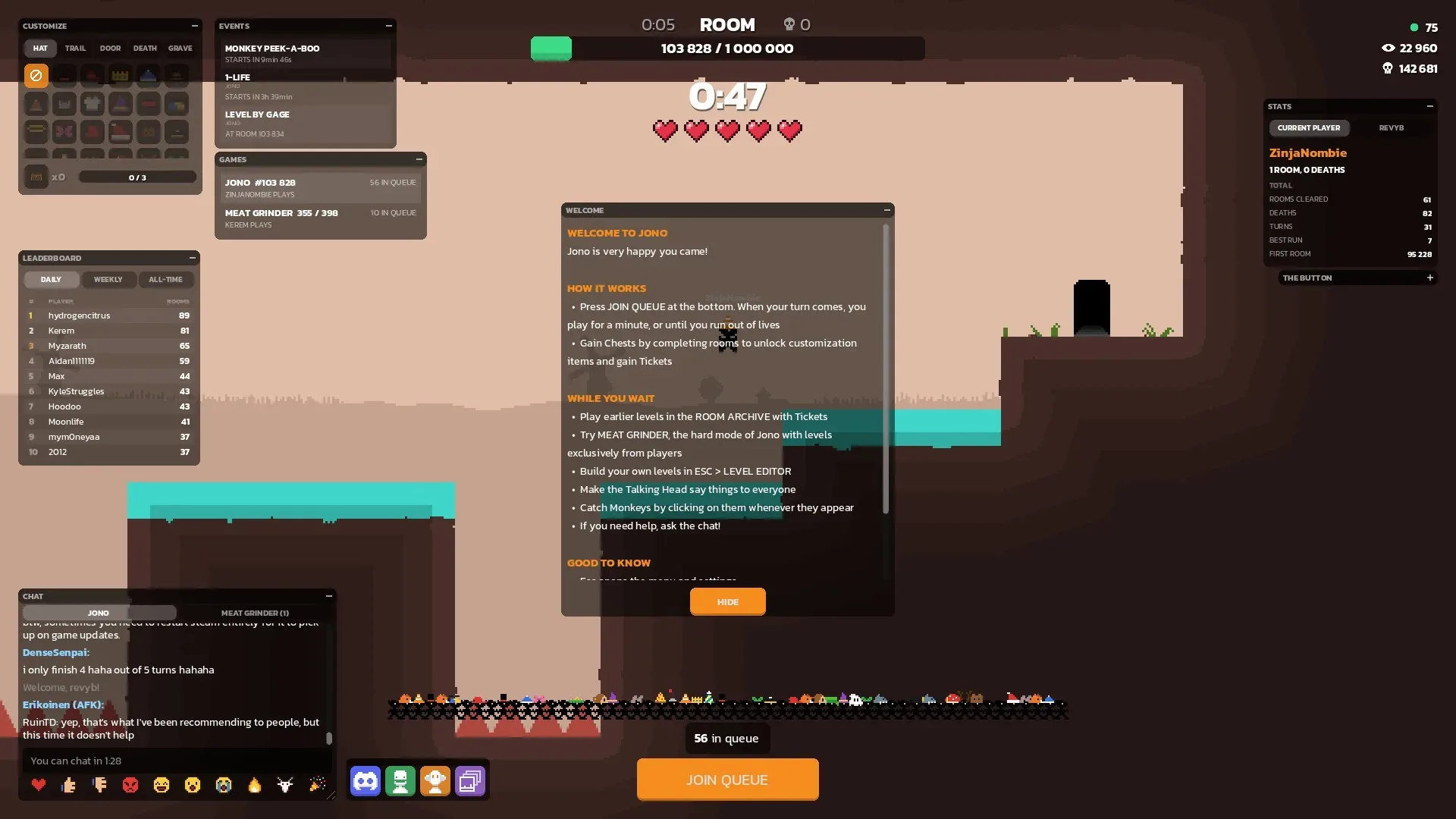 A stick-figure player navigates a spike-filled room while a global queue waits in Jono