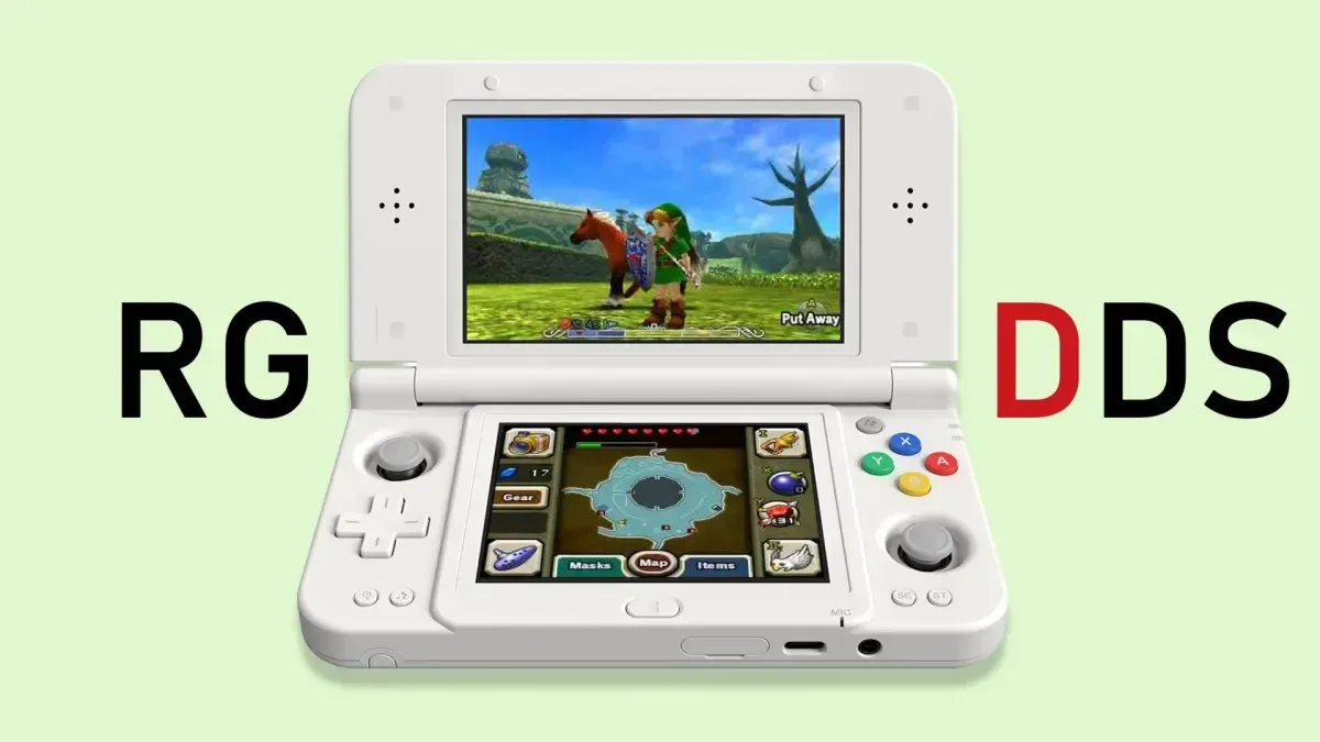 ANBERNIC RG DDS dual-screen Android handheld shown open with upper and lower displays