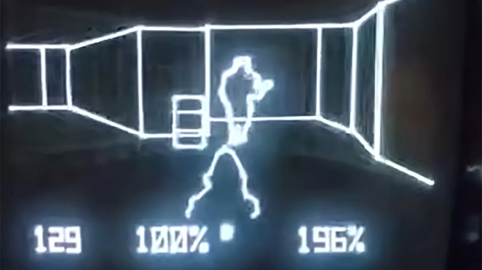 Doom displayed as glowing vector lines on a Vectrex CRT