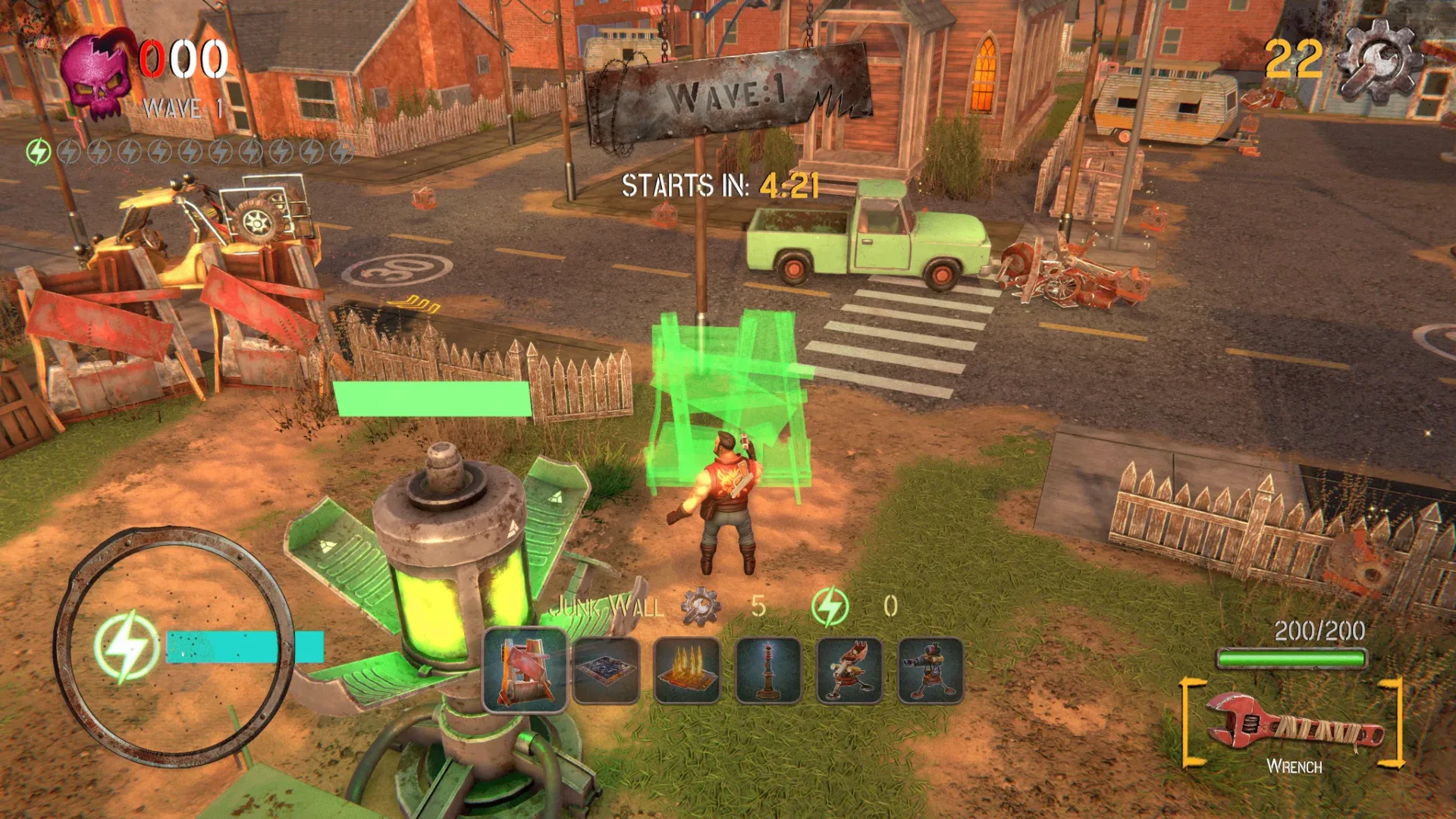 A spinning spike trap and turret defending against mutant creatures in Survive ’Til Dawn!