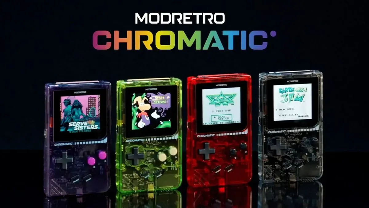 Transparent green, red, purple and smoke/clear ModRetro Chromatic handhelds shown together
