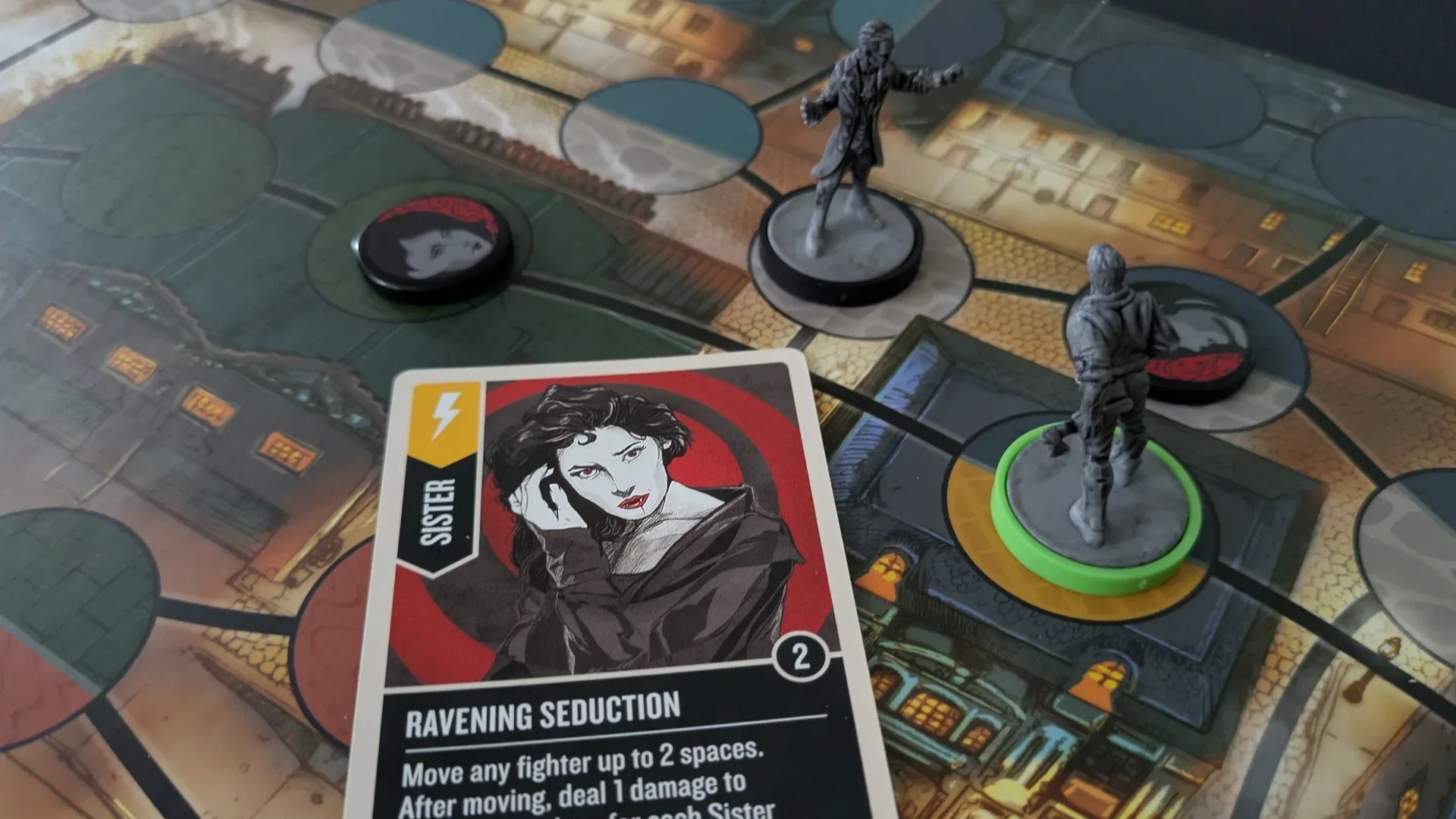 A card, tokens, and miniatures from Unmatched: Cobble & Fog