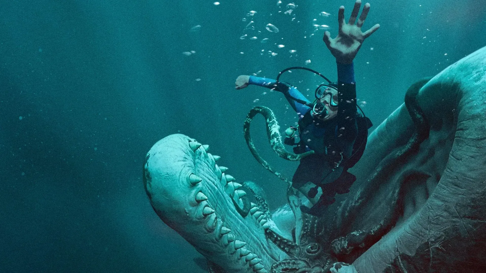 Austin Abrams in scuba gear for the horror thriller Whalefall