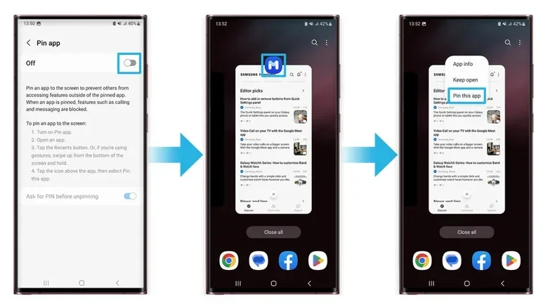 Steps showing how to pin an app.