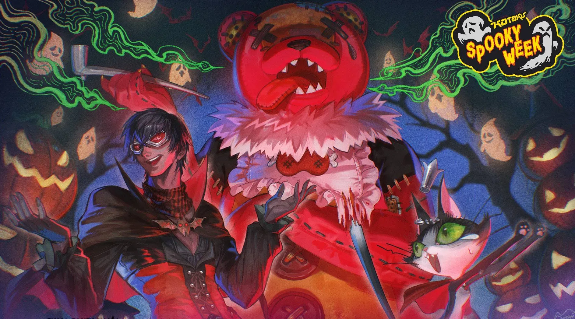 Halloween-themed video game event artwork featuring pumpkins, costumes and seasonal rewards