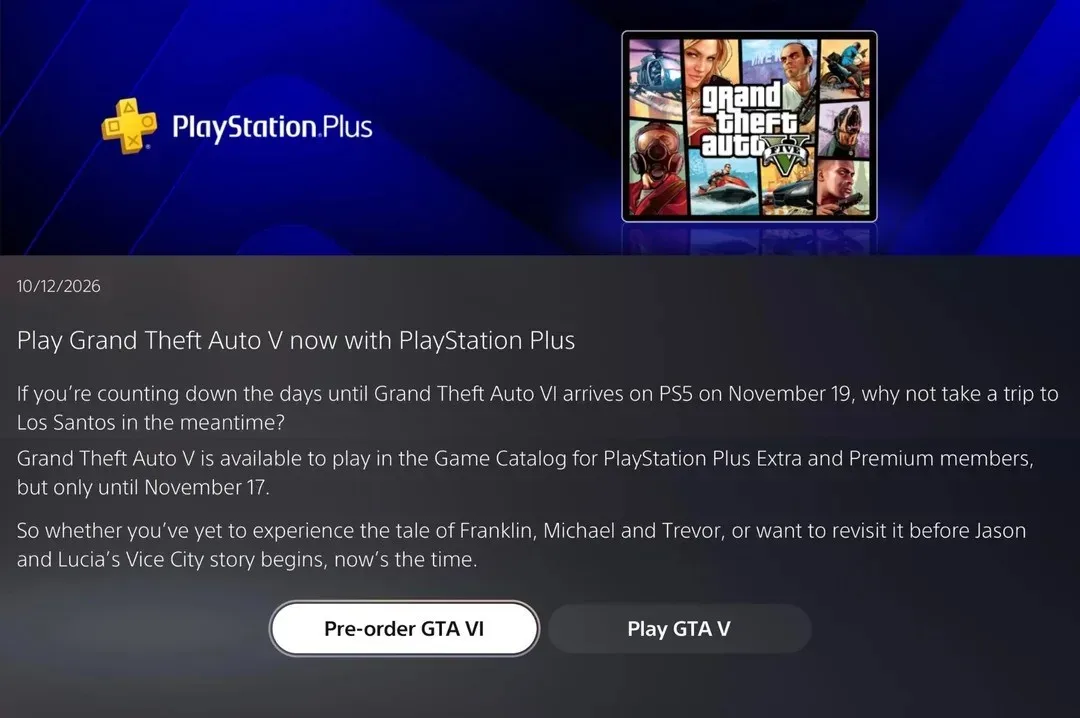 PlayStation Plus notice reporting that Grand Theft Auto V will leave the catalogue on November 17