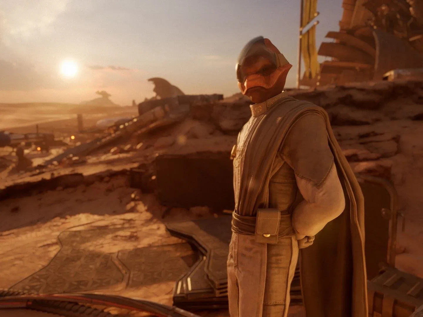 An alien looks out across a desert planet with us in Star Wars: Galactic Racer