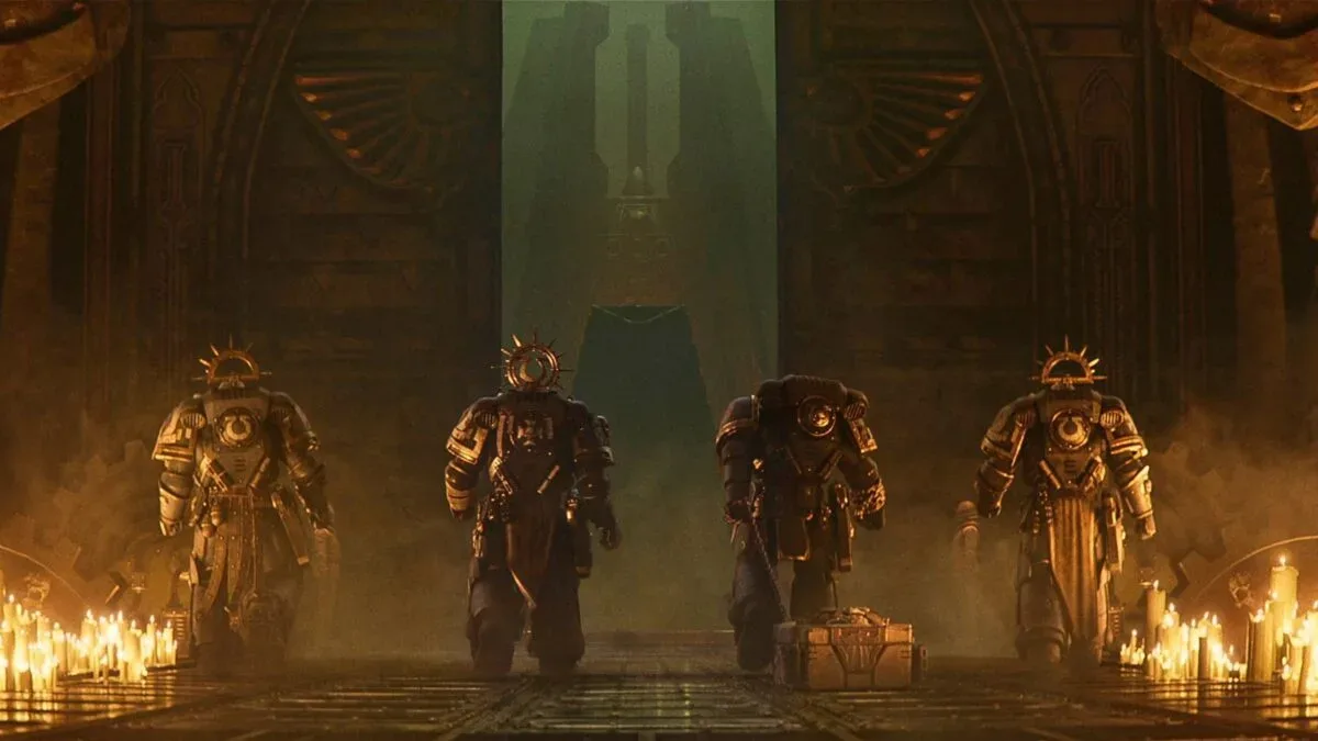 Warhammer 40,000-inspired armored warriors facing one another in a dramatic science-fiction battlefield