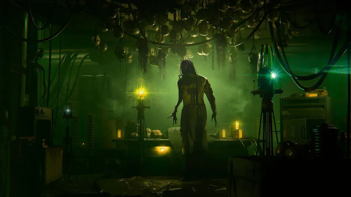A robotic figure stands under an array of robot heads in a dark, eerie environment