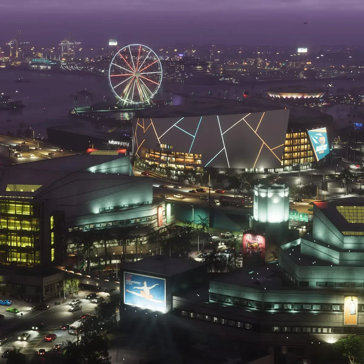 Kaseya Center in Miami lit with a Welcome to Vice City and VI display for GTA 6