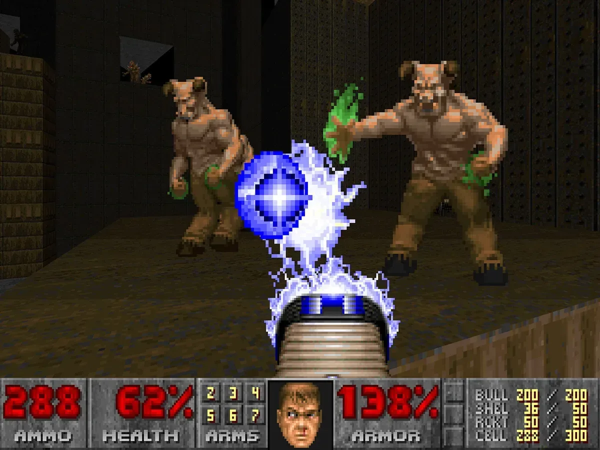John Romero and Sandy Petersen names displayed alongside Doom history text
