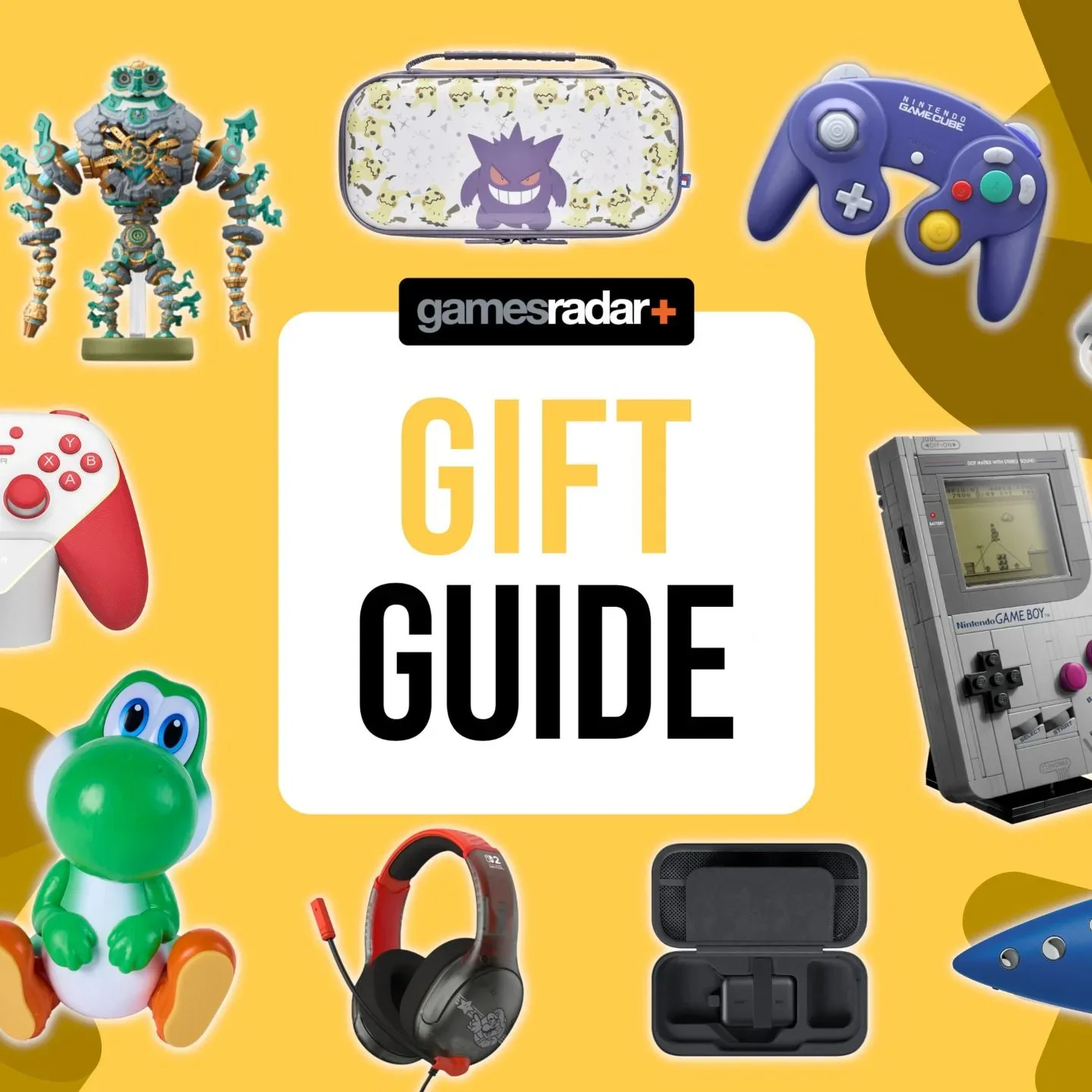 Nintendo-themed gaming accessories arranged as holiday gifts