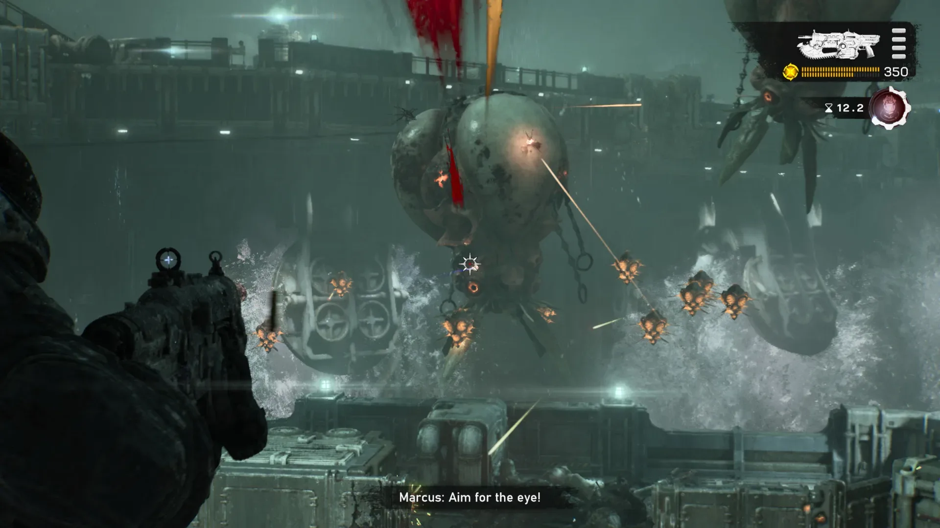 A Spore Maiden hovering above a Gears of War: E-Day combat arena