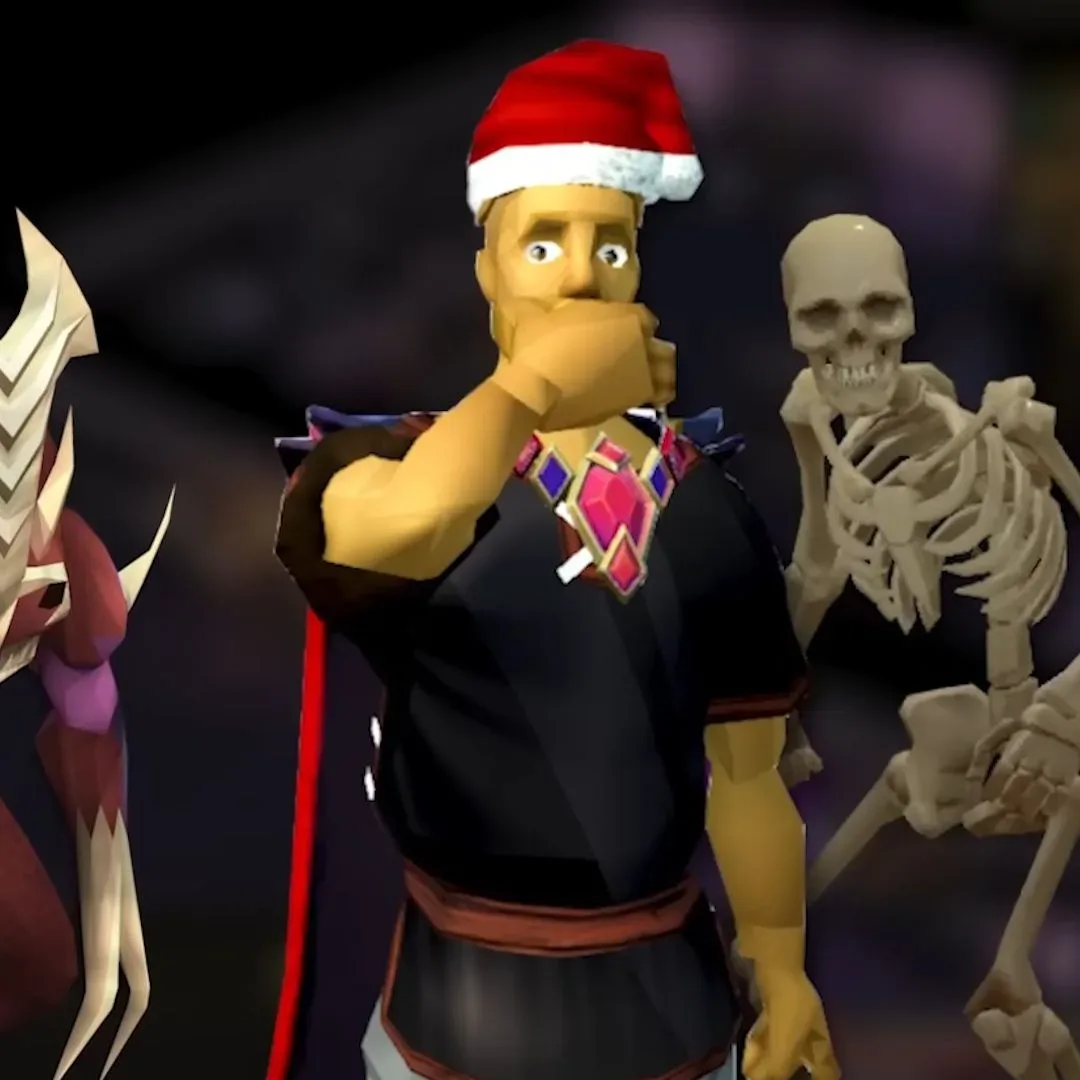 RuneScape character in Santa hat surrounded by demons