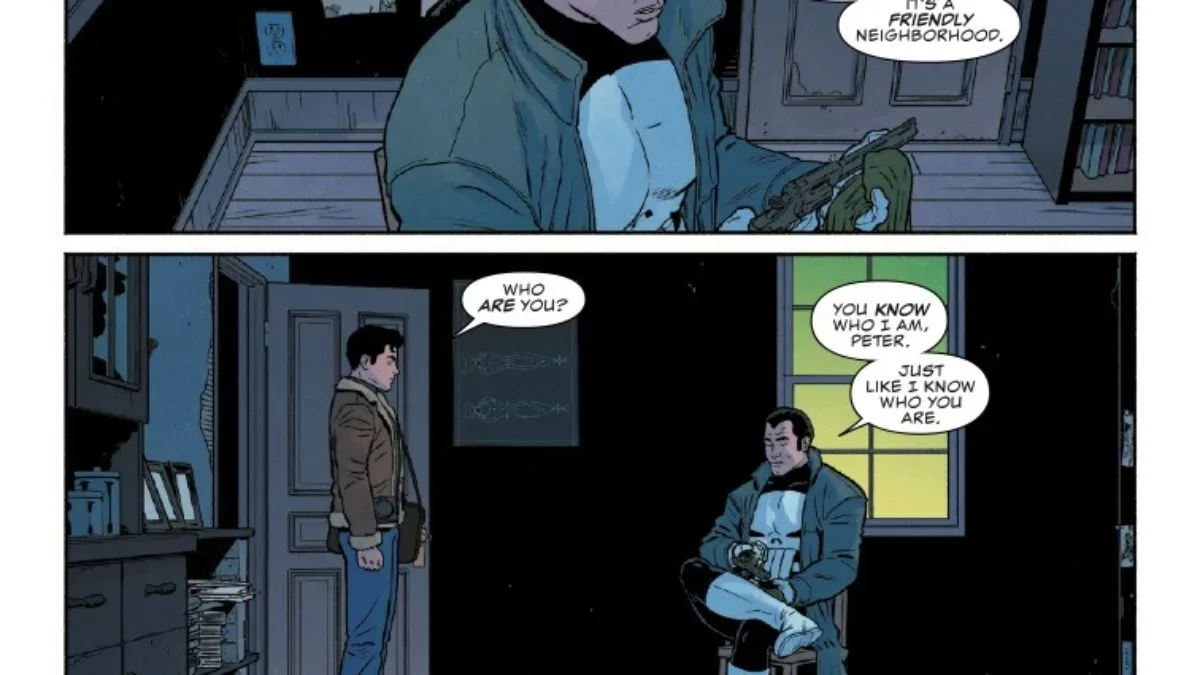 Frank Castle sits inside Peter Parker’s apartment in Punisher vs. Spider-Man #4