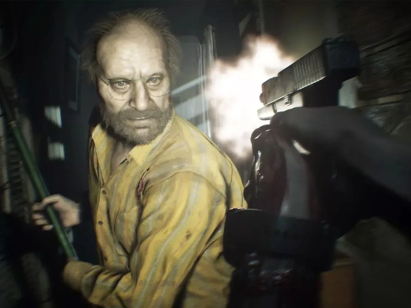 Resident Evil 7 screenshot in first-person of a gun being aimed and fired at Jack Baker as he raises a metal weapon at the player