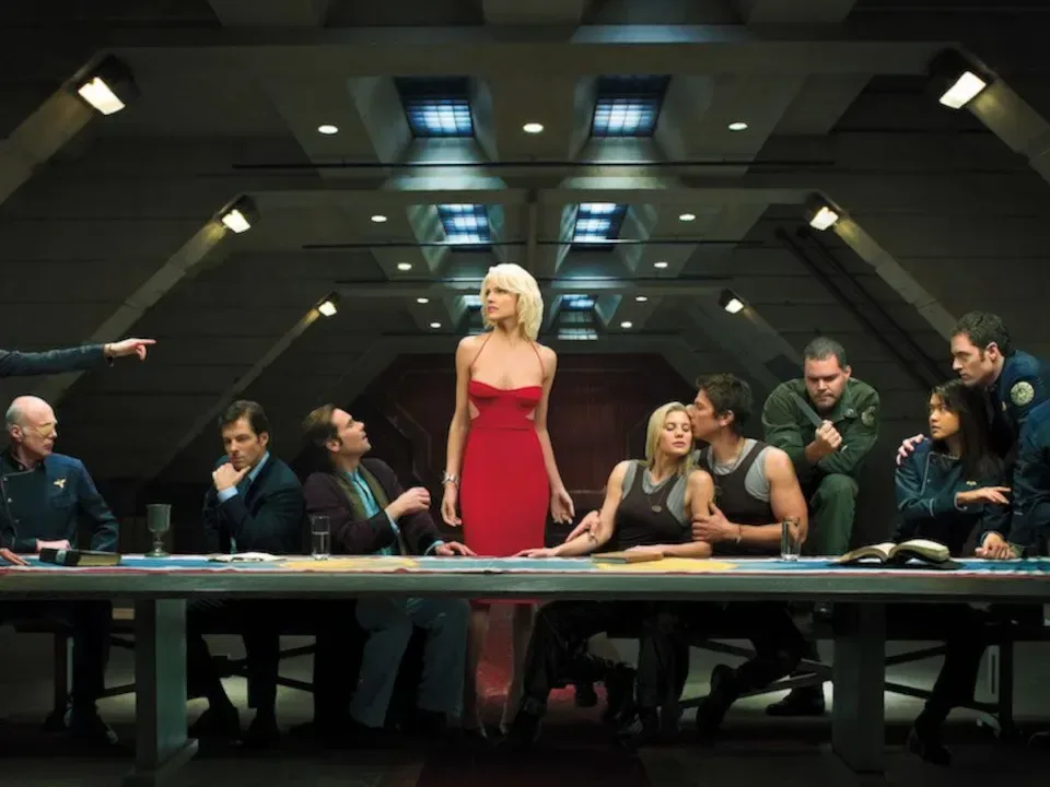 Tabletop game components representing Battlestar Galactica social deduction gameplay