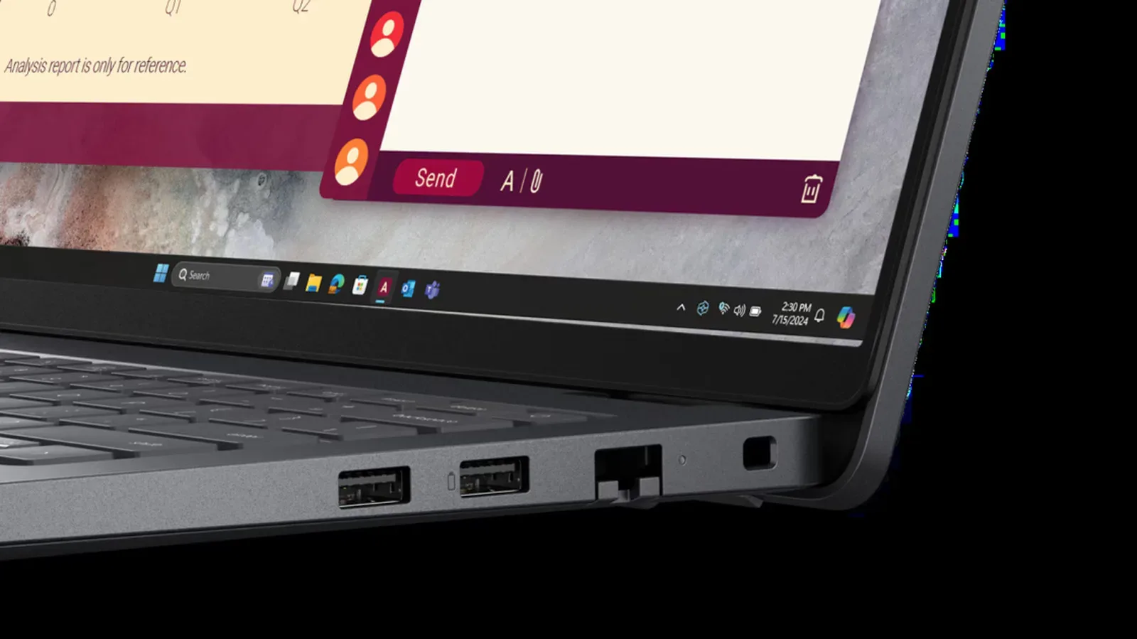 A close-up of a laptop USB port marked with a battery charging symbol