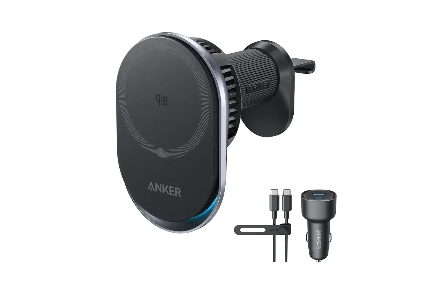 Anker Prime Qi2 25W MagSafe car charger mount attached to a vehicle air vent