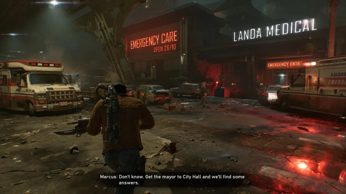 Marcus Fenix and Dominic Santiago navigate Kalona during Emergence Day