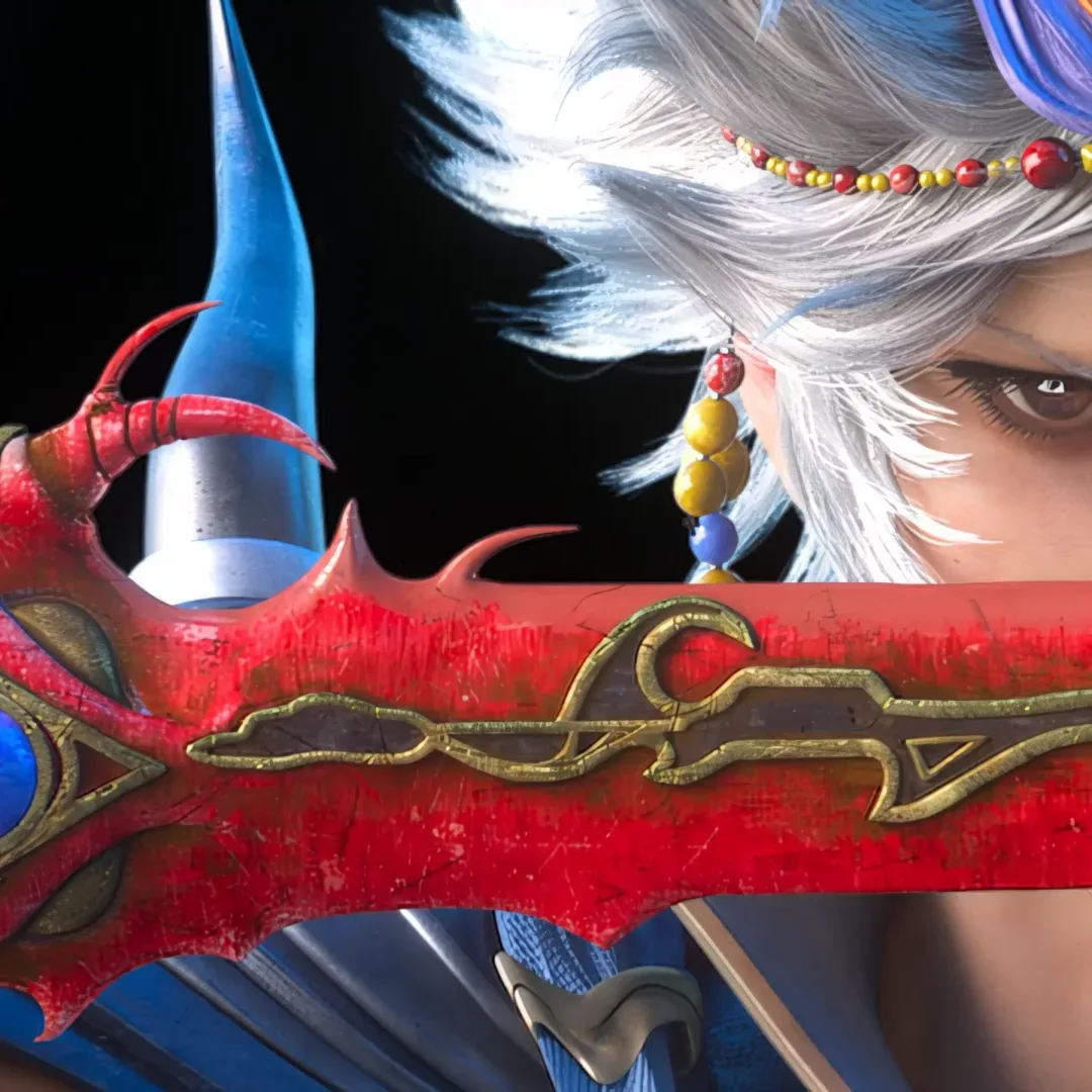 Screenshot from Final Fantasy Resonance, showing the Warrior of Light holding a red spiky sword up in front of his face.