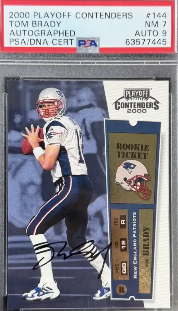 Tom Brady with black autograph below him on bluish background with gold ticket features on right side
