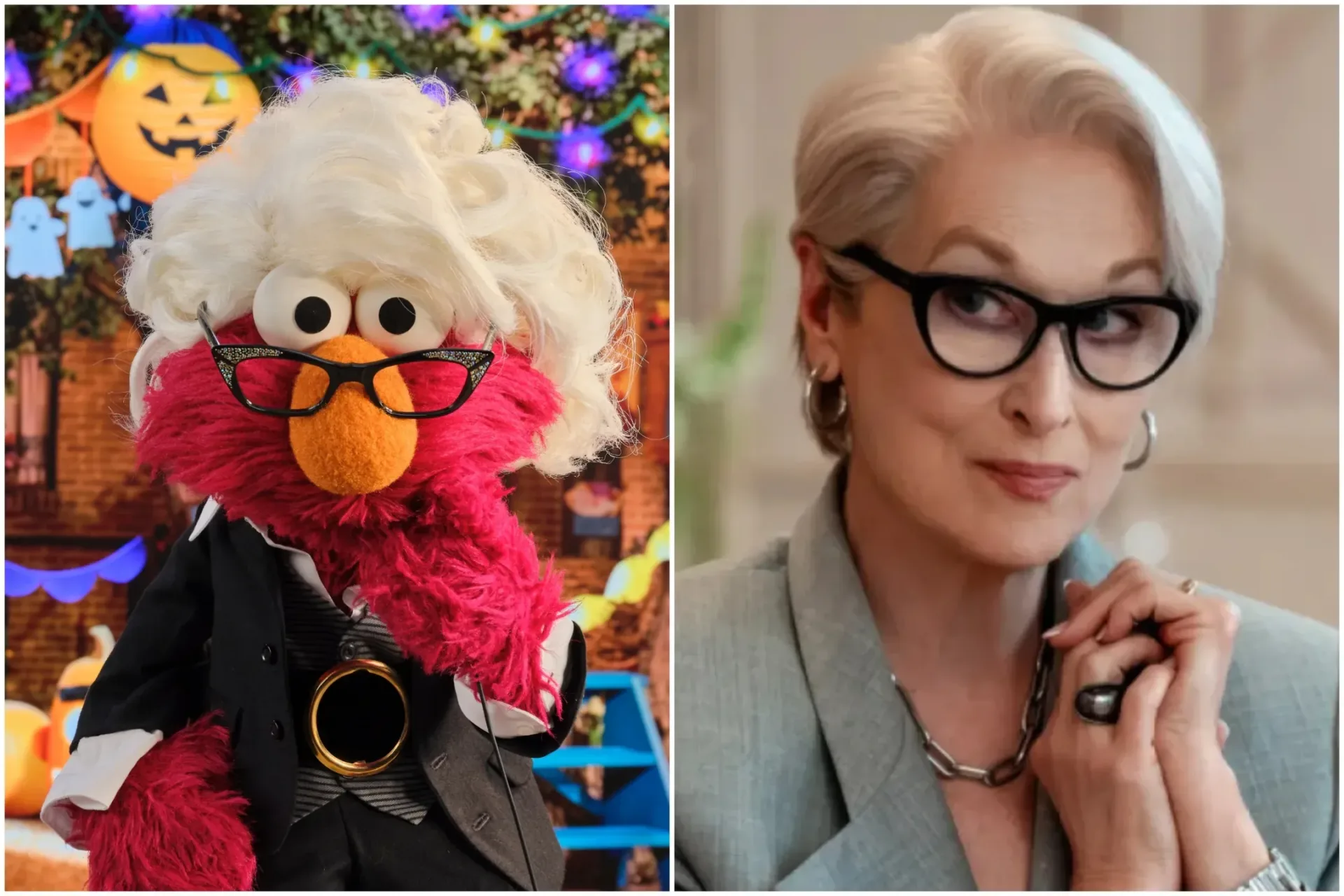 Elmo dressed as Miranda Priestly for a Halloween Sesame Street sketch